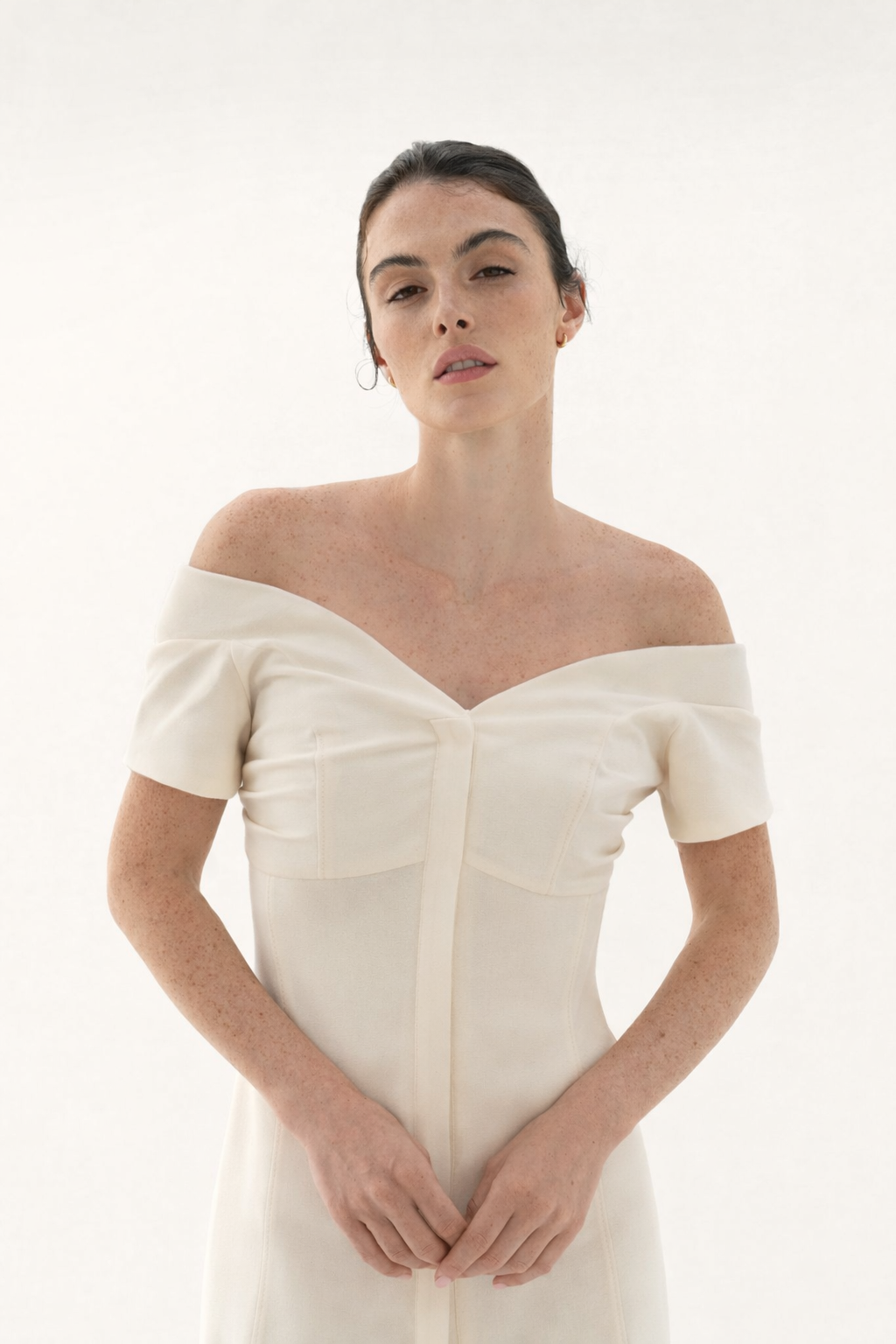 Cream off shoulder mini dress, front view